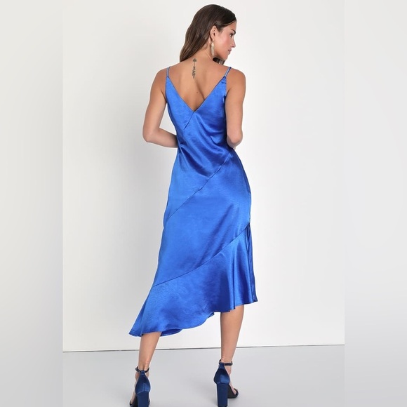 NEW Lulus Instinct Cobalt Asymmetrical Slip Midi Dress Blue Satin Small NWT - Picture 2 of 9